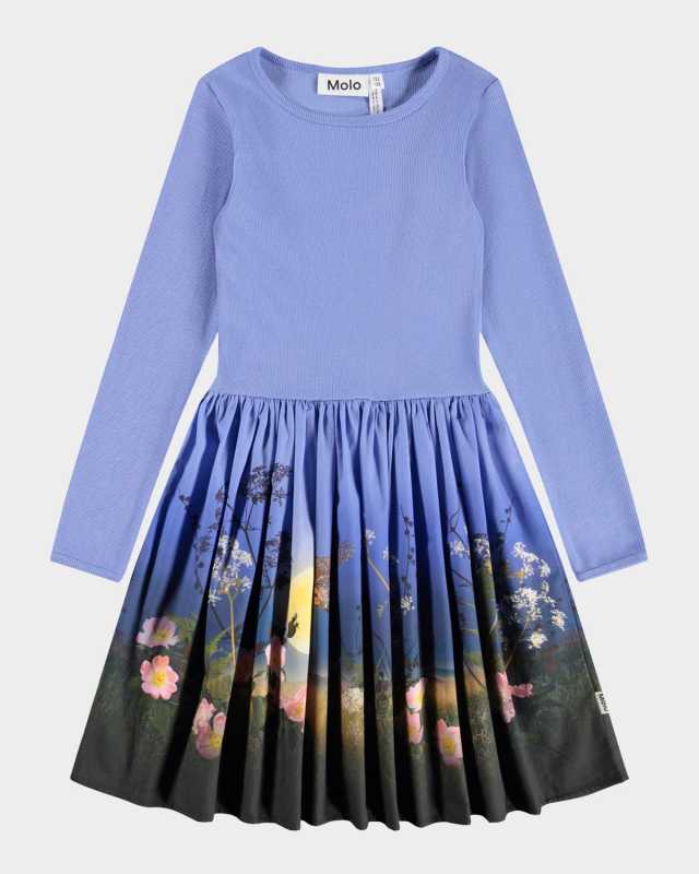 Girl's Casie Printed Jersey & Poplin Long-Sleeve Dress, Size 7